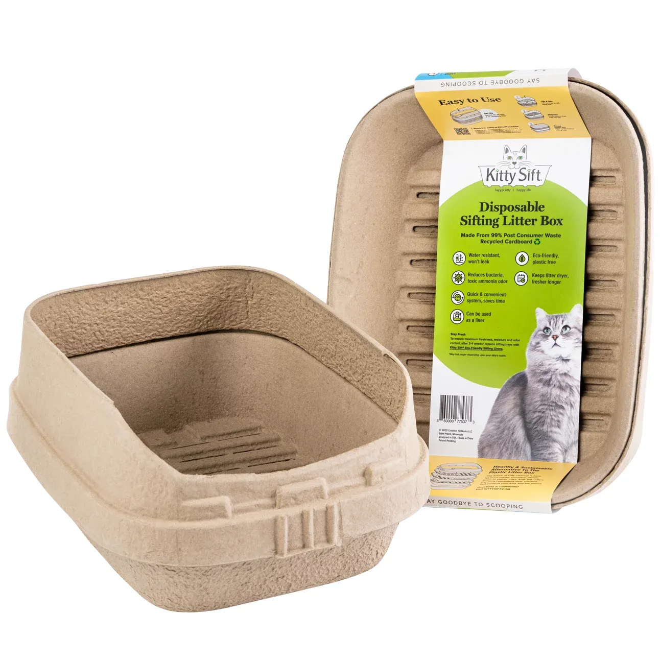 Kitty Sift (Set of 1 Litter Box, 3 Sifting Liners & 1 Shield) Sustainable, Clean, Sifting, Disposable Cat Litter Box with Shield, Large