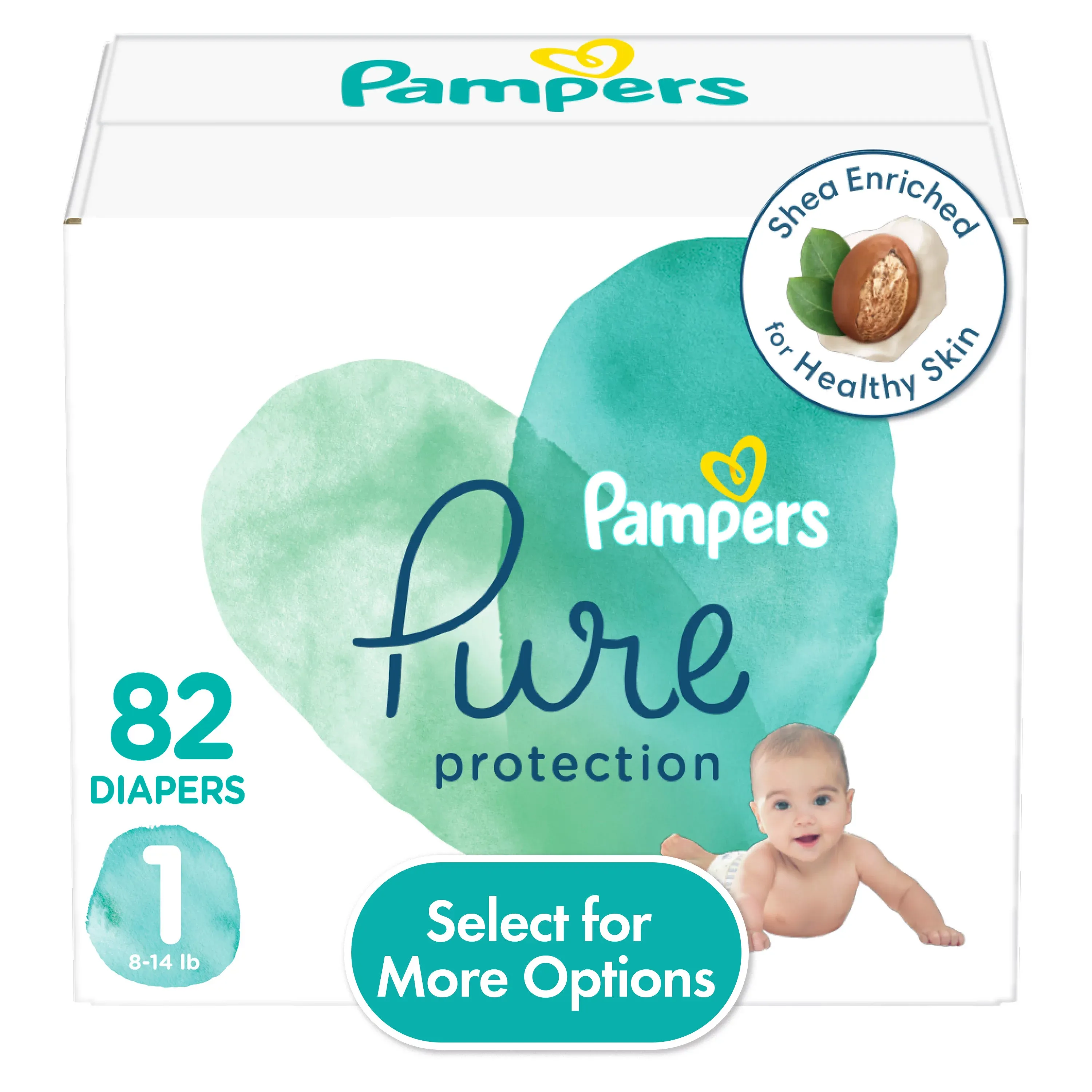 Pampers Pure Protection Diapers, 1 (8-14 lb), Super Pack - 82 diapers