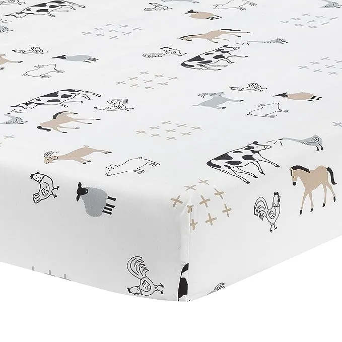 Lambs & Ivy Baby Farm Animals 100% Cotton Fitted Crib Sheet - White