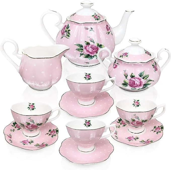 BTaT- Floral Tea Set, Tea cups (8oz), Tea Pot (38oz), Creamer and Sugar Set, Gift box, China Tea Set, Tea Sets for Women, Tea Cups and Saucer Set