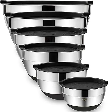 Umite Chef Mixing Bowls with Airtight Lids, 6 Piece Stainless Steel Metal Bowls, Measurement Marks & Colorful Non-Slip Bottoms Size 7, 3.5, 2.5, 2.0,1.5, 1QT, Great for Mixing & Serving