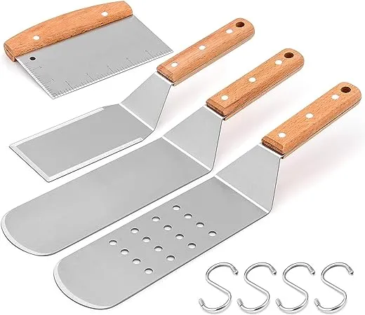 HaSteeL Metal Spatula Set of 4, Stainless Steel Griddle Spatula Tools Set with Wooden Riveted Handle, Professional Griddle Accessories Kit for Teppanyaki BBQ Flat Top Hibachi Cooking Grilling