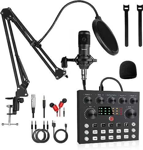 Podcast Equipment Bundle,Audio Interface with All-In-One DJ Mixer and Studio Broadcast Microphone, Perfect for Recording,Live Streaming,Gaming,Compatible with PC,Smartphone,Play Station