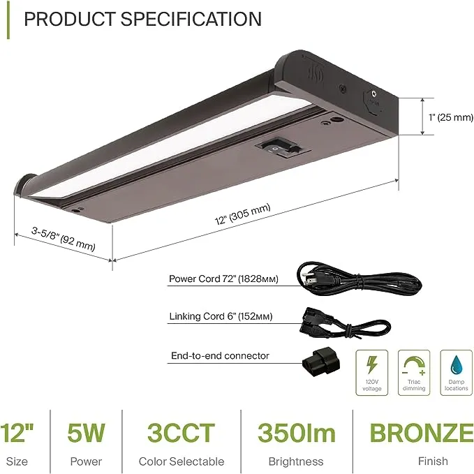 ASD UCS-12D5CC-XX LED Under Cabinet Swivel 12" 5W Dimmable CCT Adjustable 2700-4000K Hardwired or Plug-in, Linkable, Hi/Low Switch, cETLus Energy