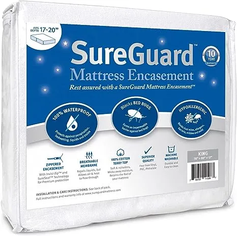 King (17-20 in. Deep) SureGuard Mattress Encasement - 100% Waterproof, Bed Bug Proof, Hypoallergenic - Premium Zippered Six-Sided CoverKing (17-20 in. Deep) SureGuard Mattress Encase…