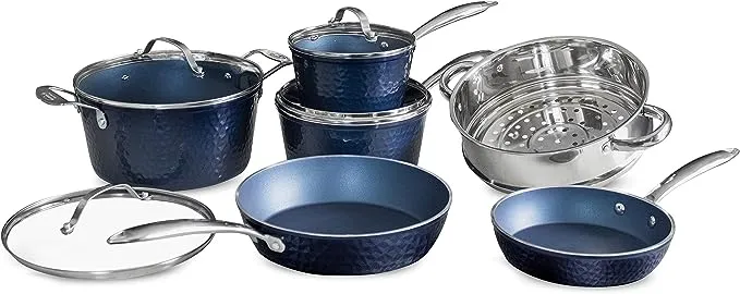 Luxurious Non-Stick Ceramic 3 Piece Blue Hammered Cookware Set with Lid, Lightweight, Scratch-Resistant, Dishwasher Safe, Oven Safe up to 500°F