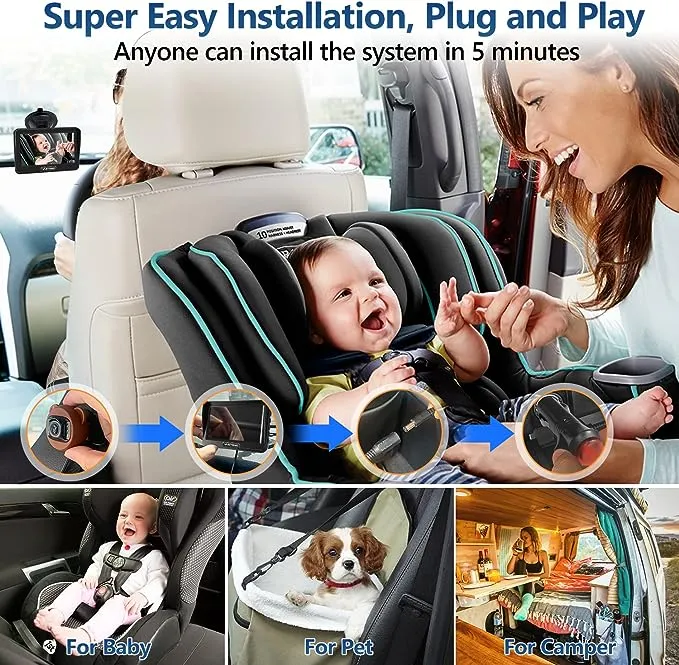 VASTEND Baby Car Camera,360° Rotation 1080P Baby Car Mirror with Night Vision & 150° Wide View Function,5 Mins Easy to Install Travel Safety Kit,with A Cute Silicone Case