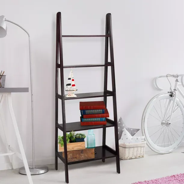 72 in. White Wood 5-shelf Ladder Bookcase with Open Back