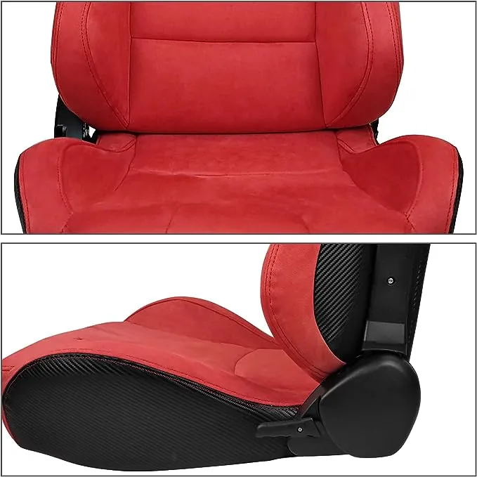 Reclinable Pair Racing Seats + Dual Slider Red Suede&amp;Carbon Leather