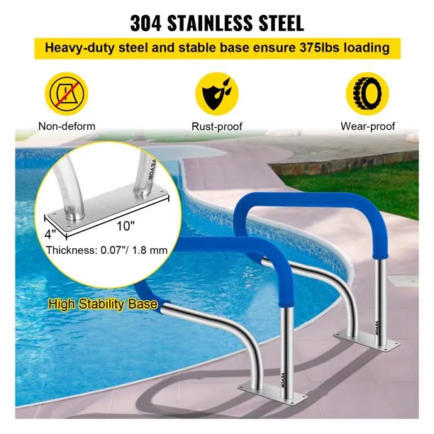 IHAYNER Pool Handrail 32x22.5 Pool Rail 304 Stainless Steel Swimming Pool Stair Rail Pool Hand Rail with Base Plate Silver Rustproof