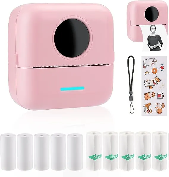 HuiJuKeJi Mini Sticker Printer Bluetooth Smart Pocket Inkless Thermal Printer with 10 Rolls Thermal Paper and Sticker for iOS&Android, Portable Receipt Printer for Photo Journal Notes Memo - Pink