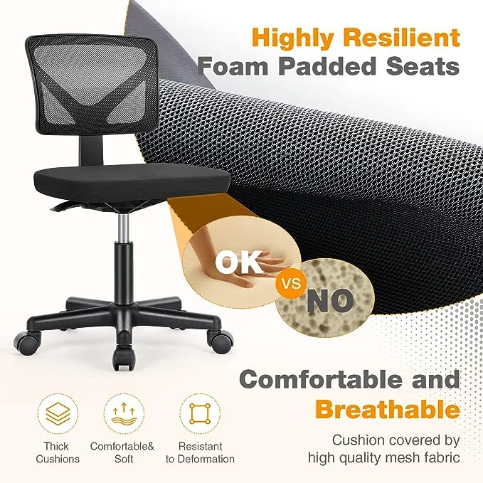 Armless Mesh Office Chair, Ergonomic Computer Desk Chair, No Armrest Small Mid Back Executive Task Chair with Lumbar Support and Swivel Rolling for