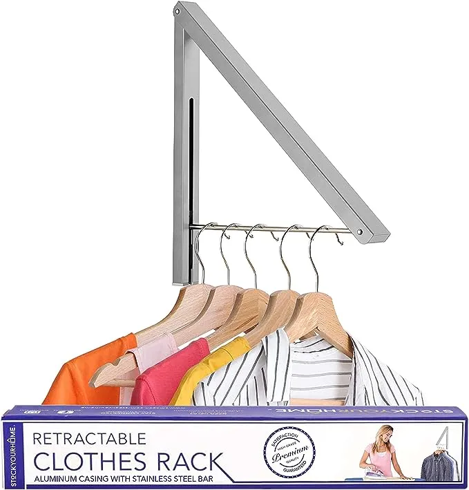 Single Foldable Clothing Rack, Wall-Mounted Retractable Clothes Hanger, White