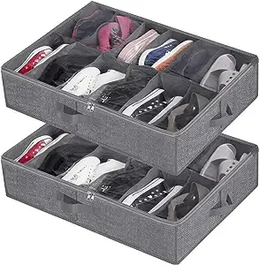 Under Bed Shoe Storage Organizer,Closet Shoes Storage Boxes Bin Container (2 Pack fits 24 Pairs) with Clear Cover and Reinforced Handle for Sneakers