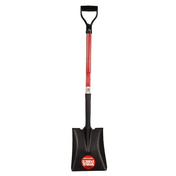 Square Point Shovel, 28in Fiberglass Handle, Heavy Duty 16 Gauge Steel Head