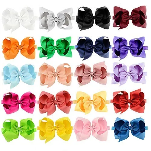 jollybows 20pcs Baby Girls Hair Bows Headbands 6" Grosgrain Ribbon Hair Band Accessories for Infants Newborn Toddler