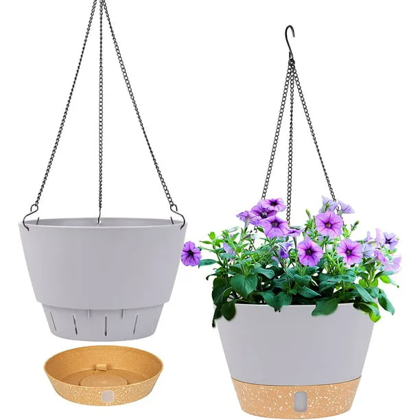 10 in. White Plastic Hanging Basket with visible Water Level (2-Pack)