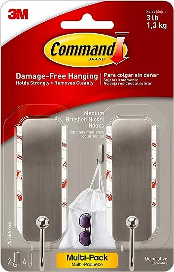 Command - Decorative Hooks, Medium, Brushed Nickel, 2 Hook and 4 Strips/Pack