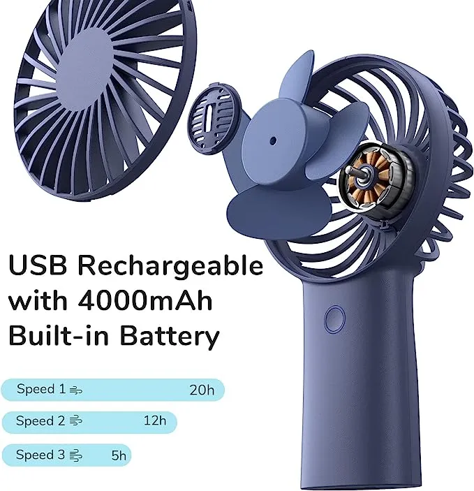 JISULIFE Handheld Portable [20h Max Cooling Time] Mini Hand Fan, 4000mAh USB Rechargeable Personal Fan, Battery Operated Small Fan with 3 Speeds for