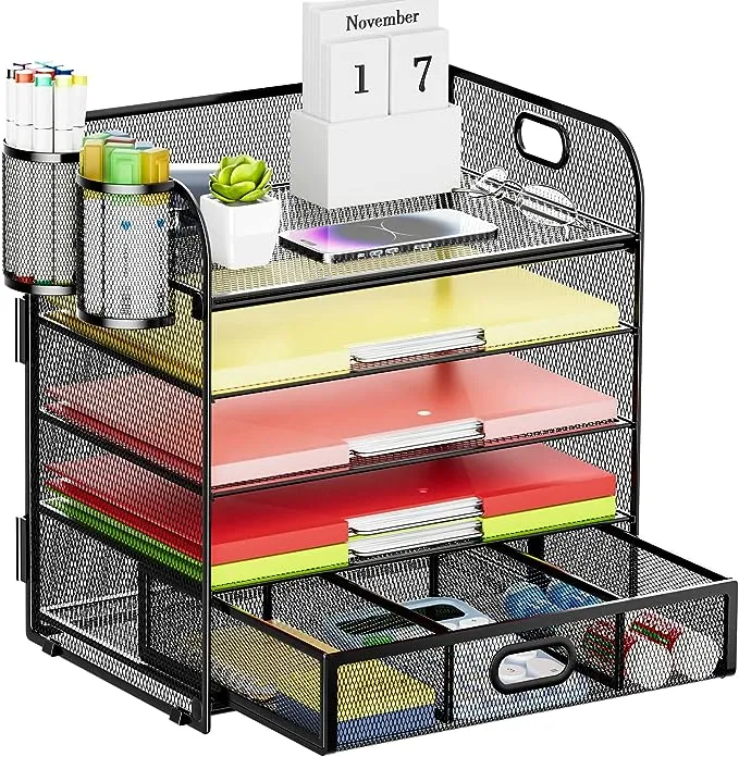 Lavatino 5 Tier Paper Organizer for Desk, Letter Tray with Drawer and 2 Pen Holders, Mesh