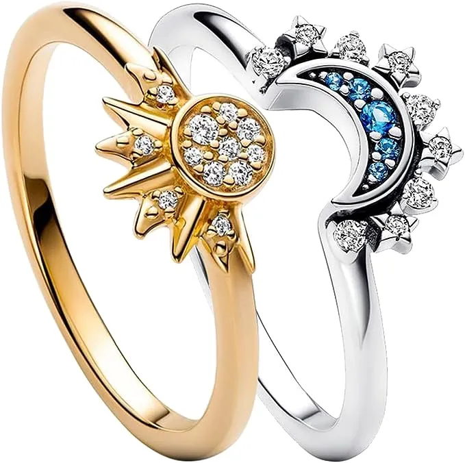 une Douce Celestial Sun and Moon Sparkling Ring Set