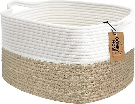 COMFY-HOMI Cotton Rope Woven Basket with Handles for shelf,Toy, Book, Cloth Storage Basket for Organizing-13.5"x11"x9.5" Storage Bin for Li