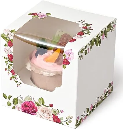 Happyhiram Cupcake Boxes 50 Pcs White Individual Cupcake Box, Single Cupcake Containers Cardboard Holders with Inserts and Window for Muffins Cocoa Bombs Packaging Togo Boxes for Birthdays Showers Party Favors Packing