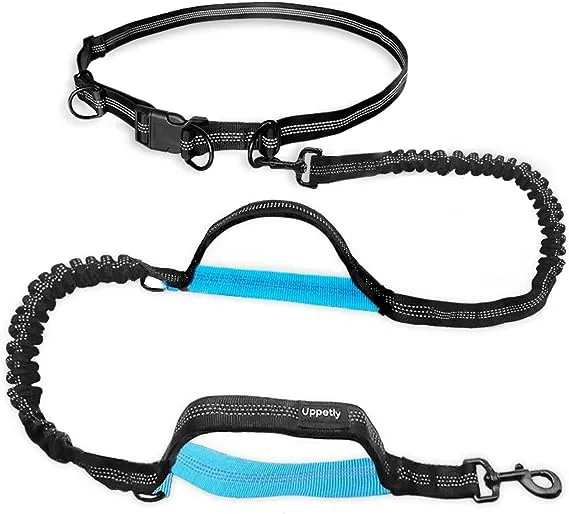 UPPETLY Hands Free Dog Running Leash with Adjustable Waist Belt, Dual Handle Elastic Bungees Retractable Rope for Medium and Large Dogs, Reflective Stitches for Walking Hiking Biking