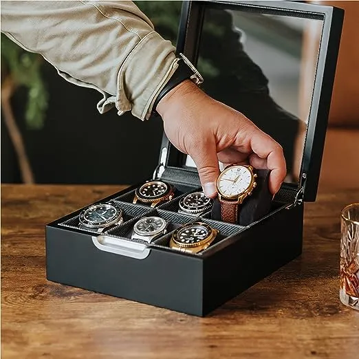 CASE ELEGANCE Watch Box Modern 2x3 Black Finish with Custom Aluminum Handle 6-Slot with Real Glass