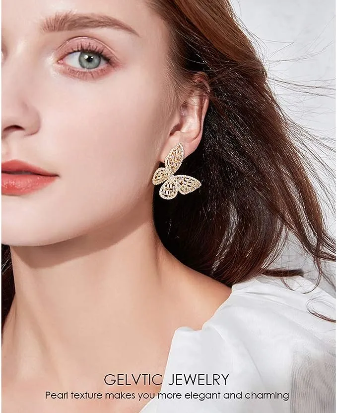 GELVTIC Rhinestone Butterfly Earrings for Women Gold Crystal Flower Earrings Cubic Zirconia Sterling Silver Stud Earrings Hypoallergenic Drop Dangle Cute Flora Earring for Girls Jewelry Gift