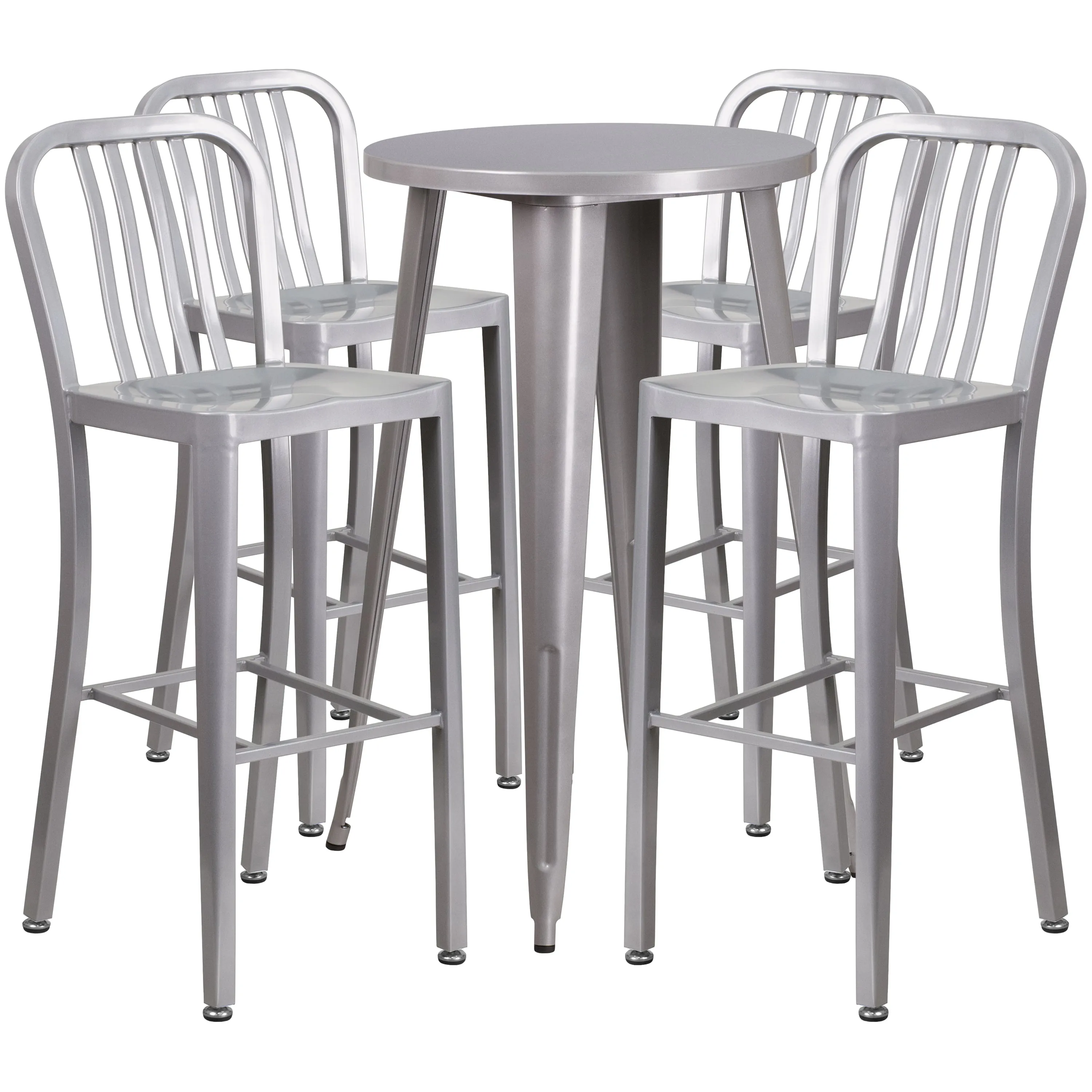 Flash Furniture Commercial Grade Round Metal Indoor-Outdoor Bar Table Set With 4 Vertical Slat Back Stools, 41"H x 24"W x 24"D, Silver