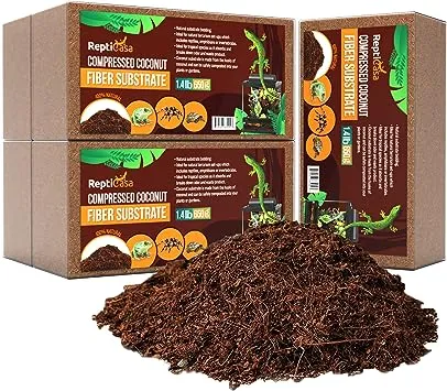 ReptiCasa Compressed Coconut Fiber Substrate, 1.4 lb. Bricks, Natural Husk Terrarium Bedding, Reptiles, Frogs, Snakes, or Tortoise, Odor and Waste Absorbent Compostable, 5 Pack