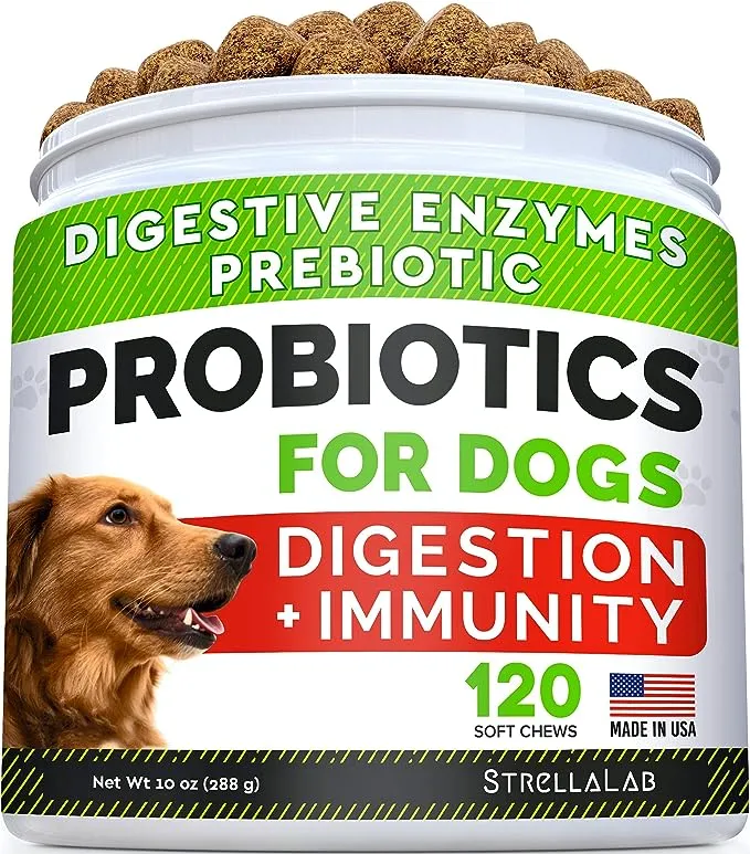 STRELLALAB Pet Probiotics for Dogs & Digestive Enzymes + Digestion & Gut Health Treats, Dog Probiotics Chews, Fiber Supplement, Anti Diarrhea, Constipation, Upset Stomach&Gas Relief, Canine Prebiotic