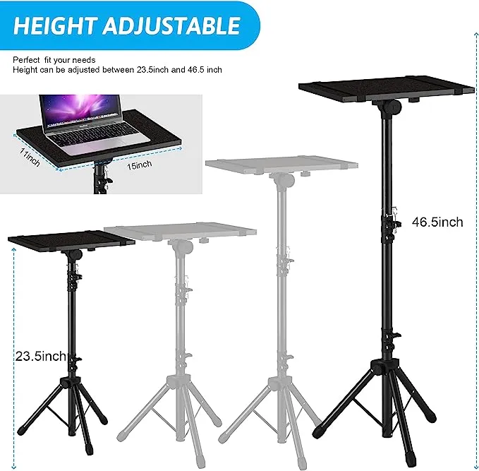 Support de projecteur trépied de 23" à 46", support de trépied pour ordinateur portable réglable en hauteur avec support de téléphone à col de cygne, support de sol pour ordinateur portable pour bureau, maison, scène, studio, support de support de rack D