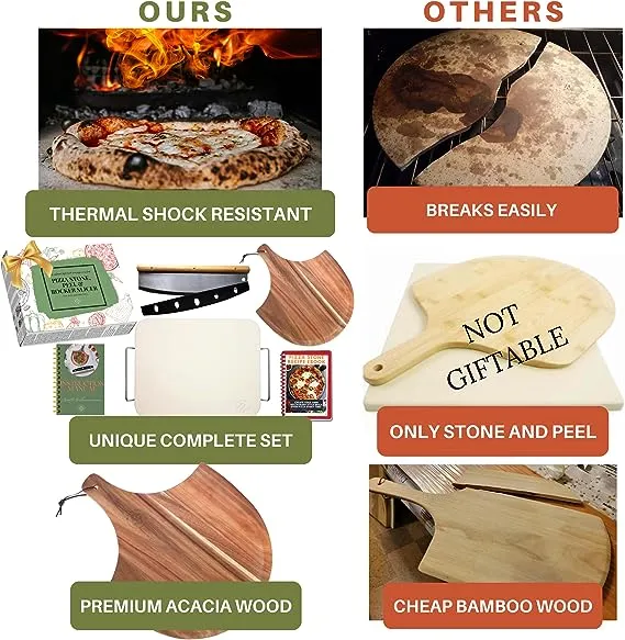 Ritual Life Pizza Stone for Oven and Grill with Wooden Pizza Peel Paddle & Pizza Cutter Set - Detachable Serving Handles - BBQ Grilling Accessories - Baking Supplies - 15 inch x 12 inch Large Stone