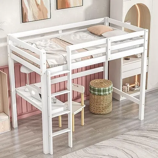 HomSof Twin Loft Bed with Built-in Desk,White