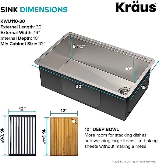 Kraus Kore Workstation 32 Undermount 16 Gauge Stainless Steel Single Bowl Kitchen Sink with Accessories KWU110-32