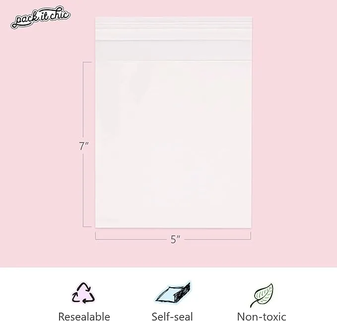 Pack It Chic - 5” X 7” (1000 Pack) Clear Resealable Cellophane Cello Bags -