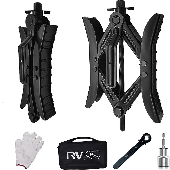 RVPNR Camper Wheel Chock Stabilizer, RV X Chocks Wheel Stabilizer, Wheel Chock Scissor 2 Sets Tire Locking Chocks Accessories with Ratchet,hex Socket, Tool Kit, Gloves (Black)