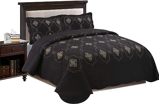 MarCielo 3-Piece Fully Quilted Embroidery Quilts Bedspreads Bed Coverlets Cover Set, Gold, Silver, Emma(Queen Size, Black)