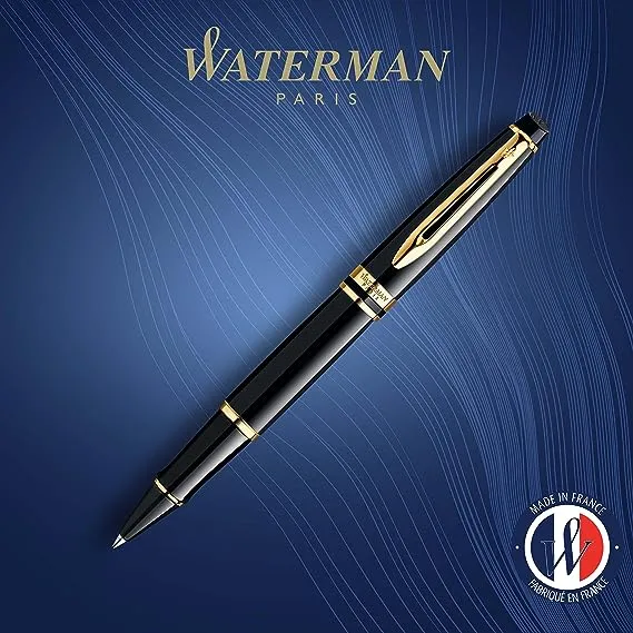 Waterman Expert Tintenroller, glänzend schwarz mit 23 Karat Goldrand, feine Spitze, schwarze Tinte, Geschenkbox