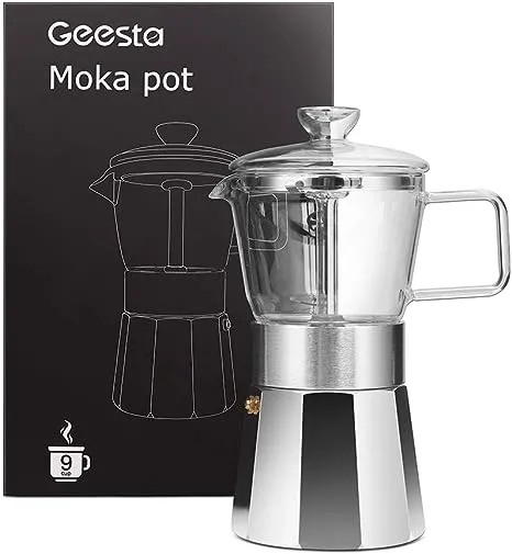 Moka Pot Premium Crystal Glass Top Stovetop Espresso 6 Cup Silver New