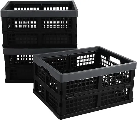 Fiazony 3-Pack 15 L Plastic Collapsible Crate, Folding Storage Baskets, Black