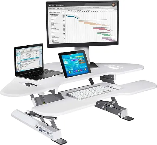 Mount-It! White Corner Standing Desk Converter | Height Adjustable 48” Wide Desktop | Corner Stand Up Desk with Gas Spring Handle | Stand Up Computer Workstation with Ergonomic Keyboard Tray | White