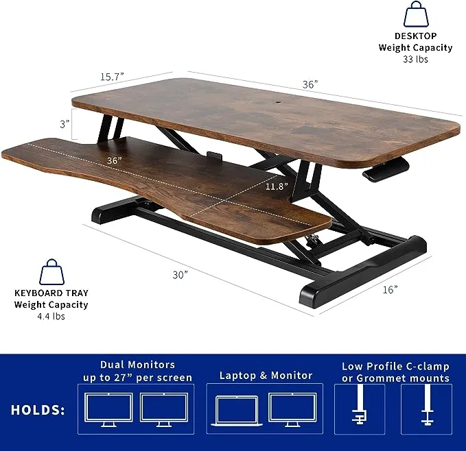 Vivo White Height Adjustable 36" Standing Desk Monitor Riser, Sit Stand Tabletop