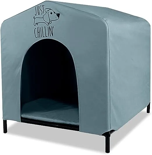 Just Chillin\' Large Elevated Portable Dog House for Outdoor and Indoor Use. Water Resistant. Easy to Assemble, Lightweight, and Portable. 33" L x 29" W x 32" H