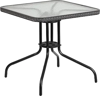 Flash Furniture 28'' Square Tempered Glass Metal Table with Dark Brown Rattan Edging