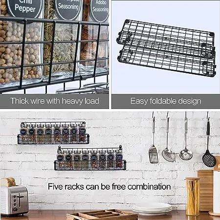 Rack Organizer Wall Mounted 5-Tier Stackable Black Iron Wire Hanging Spice Shelf Storage Racks