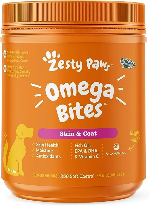 Zesty Paws Skin & Coat Bites for Dogs – Fish Oil Soft Chews with Omega-3 Fatty Acids EPA & DHA - Skin, Coat, Antioxidant & Immune Support – Chicken