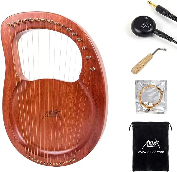 Lyre Harp, AKLOT 16 Metal Strings Mahogany Lye Harp with Tuning Wrench,Spare String Set,Pickup,Black Gig Bag